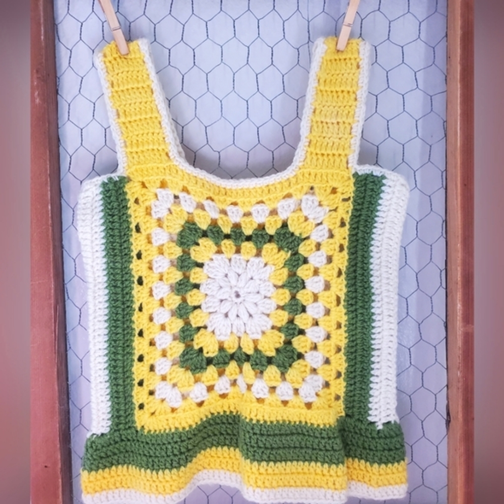 Vintage crochet knit tank top floral wool yellow VTG 70s cottagecore boho small - Picture 11 of 11